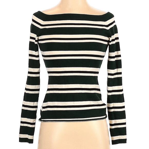 H&M Green Cream Black Striped Off-Shoulder Knit Top Long Sleeve Stretch Pullover - Picture 1 of 9